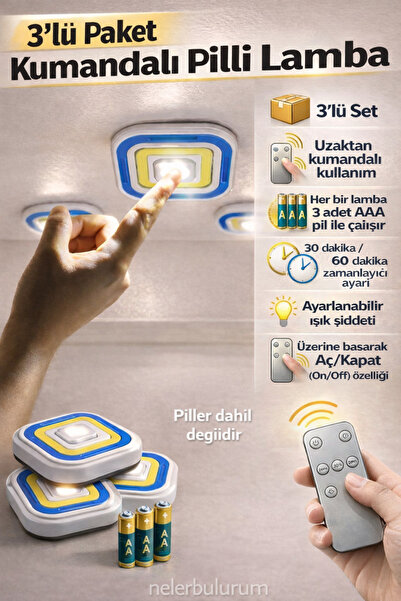 nelerbulurum 3'Lü Lamba Uzaktan Kumandalı Pilli Zaman Ayarlanabilir Açma/kapa...