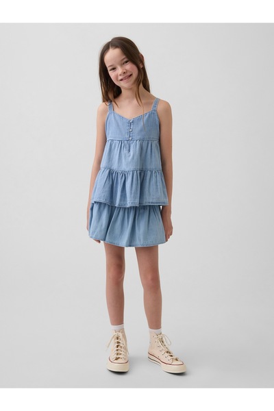 GAP Kız Çocuk Açık Mavi Denim Tiered Şort Etek