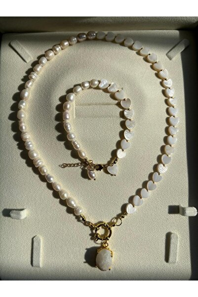 eyla collection Gerçek İnci & Doğaltaş Kadın Takı Seti – Kolye & Bileklik