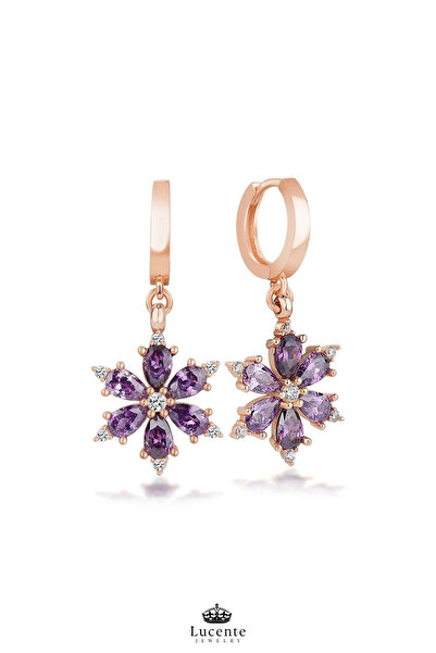 Lucente Jewellery Işıklı Hediye Kutulu 925 Ayar Bolluk Bereket Aşk Şans ve Zarafetin Simgesi Luxury Serisi Rose Gold Mor Lotus Kamelya Çiçeği Gümüş Özel Gün Hediyesi Şık & Zarif 1 Çift Sallantılı Halka Küpe