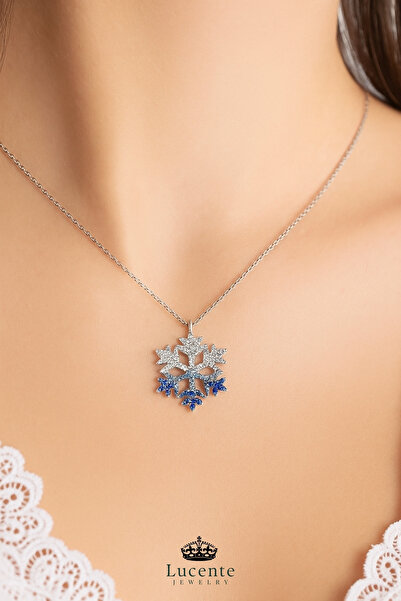 Lucente Jewellery Işıklı Hediye Kutulu 925 Ayar Mavi Beyaz Taşlı Kar Tanesi Gümüş Hediyelik Set Sevgiliye Eşe Kız Arkadaşa Anneye Doğum Günü Yılbaşı Hediyesi Kartanesi Özel Tasarım 2'li Kolye & Bileklik Takım Set