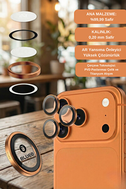 BLUEO Sapphire iPhone 17 Pro/17 Pro Max Uyumlu 9 MOhs %99.99 Safir Orange Tit...