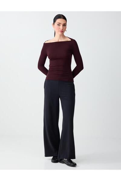 Jimmy Key Siyah Yüksek Bel Bol Paça Uzun Örme Pantolon