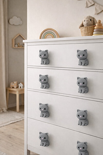 Rekatech GRİ KEDİ FİGÜRLÜ Çocuk Odası Örgü Desenli Dekoratif Çekmece Kulpu Ha...