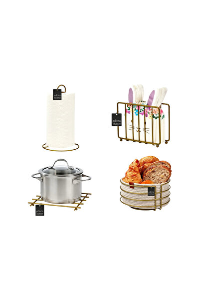 Edora Home Gold 4'Lü Servis Sunum Seti, Peçetelik, Kağıt Havluluk, Ekmeklik M...
