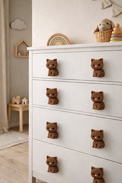 Rekatech KAHVERENGİ KEDİ KULP Çocuk Odası Örgü Desenli Dekoratif Çekmece Kulp...