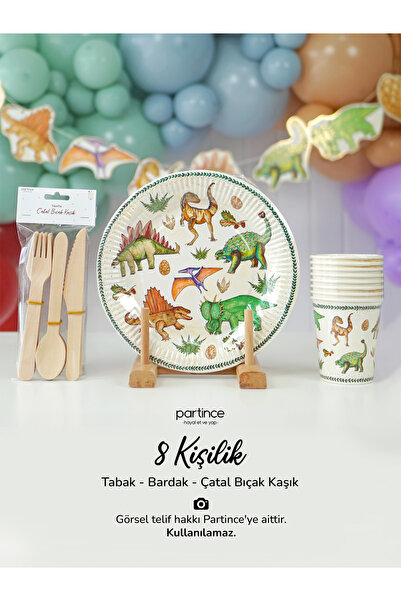 partince 8 Kişilik Dinozor Tema Kullan At Karton Tabak Bardak Çatal Kaşık Bıç...