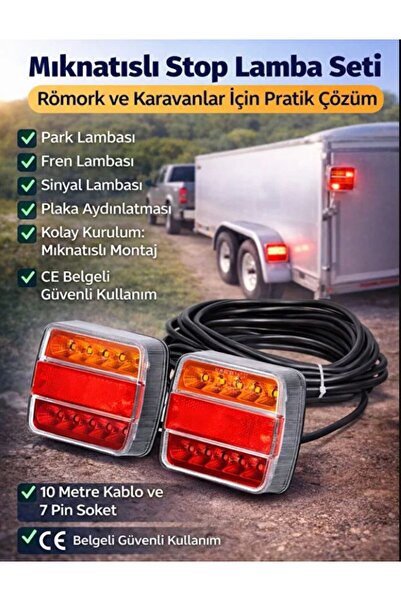 Genel Markalar Karavan & Römork İçin Mıknatıslı Stop Lambası Seti – 10 m Kablo, 7 Pin, CE Belgeli