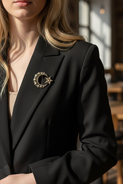 FUYA JEWELLERY Elmas Montür İnci Ay Yıldız Broş