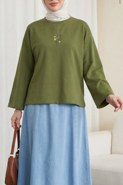 Modamorfo Floral Embroidery Round Neck Loose Combed Cotton Blouse - Green