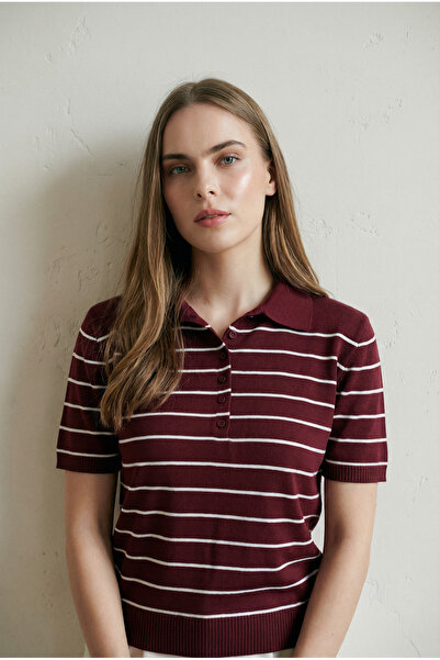 Shophia تي شيرت نسائي تريكو بأكمام قصيرة وياقة بولو مخطط