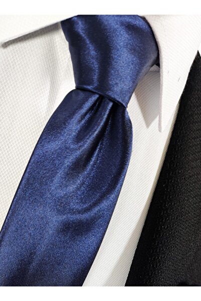 BLC Basic Line Co. Navy Blue Color Satin Tie and Handkerchief Set 6 cm