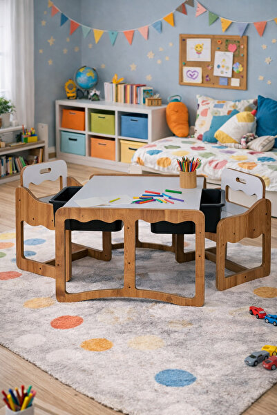 Industrial Living Montessori 2 Kişilik Masa Sandalye Takımı, 18mm Ceviz-Beyaz...