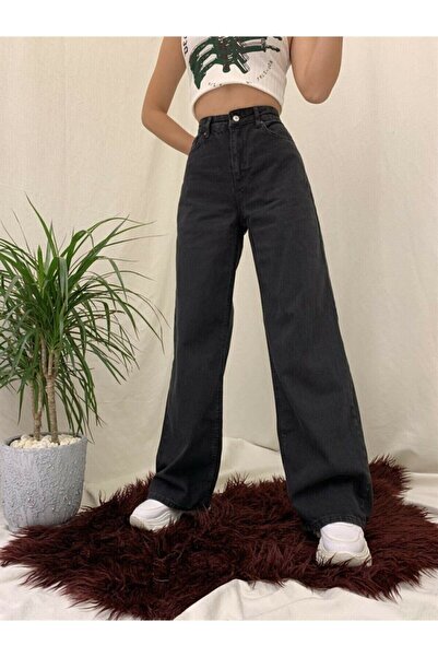 Trn JNS Μαύρο Lycra Super ψηλόμεσο τζιν Loose Leg Jeans Palazzo Παντελόνι