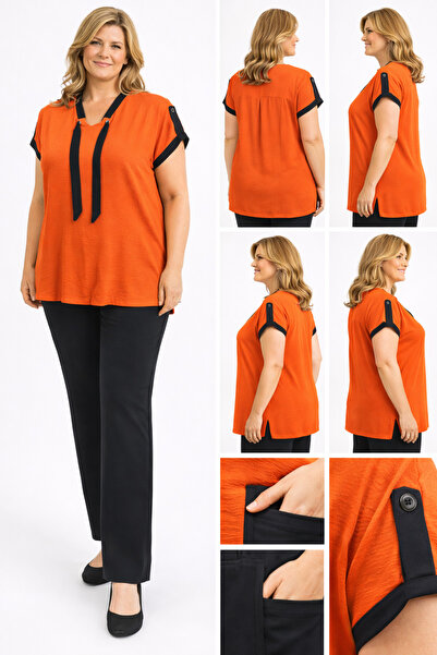 BİrHoşButik مقاس كبير من القماش الهوائي ذو الياقة المربوطة وربطة عنق وخصر مطا...