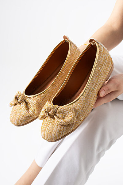 Moda Devrin Gold Imported Stone Bow Detail Ballerina Shoes