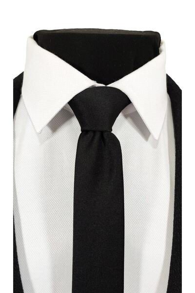 BLC Basic Line Co. Ekstra Ince Siyah Renk Düz Slim Fit 4 Cm Genişliğinde Kravat Mendil Seti Slim Fit Dar
