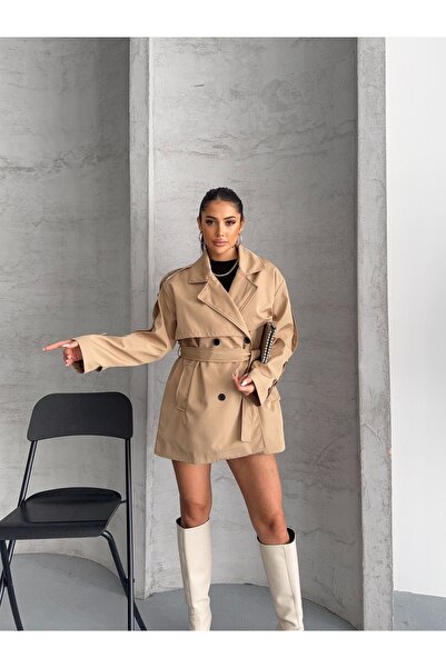 BEYZOX Yeni Sezon Kruvaze Yaka Kuşaklı Astarlı Kadın Trençkot