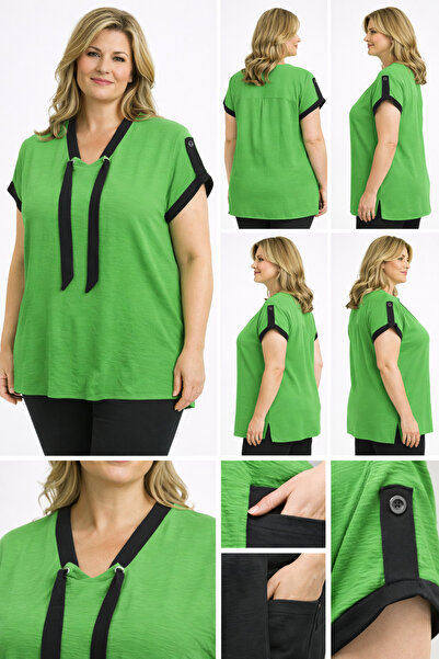 BİrHoşButik مقاس كبير من القماش الهوائي ذو الياقة المربوطة وربطة عنق وخصر مطا...