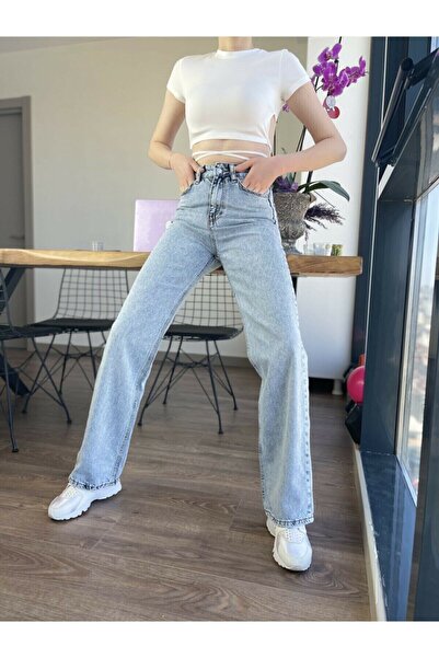 Trn JNS Mavi Likralı Süper Yüksek Bel Kot Salaş Paça Jeans Palazzo Pantolon