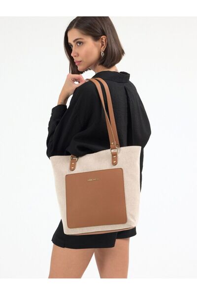 Meskanto Tote Kanvas-Hakiki Deri Kadın Alışveriş Kol ve Omuz Çantası