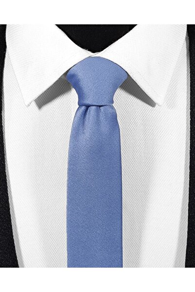 BLC Basic Line Co. Ekstra Ince Indigo Mavi Renk Düz Slim Fit 4 Cm Genişliğinde Kravat Mendil Seti Slim Fit Dar