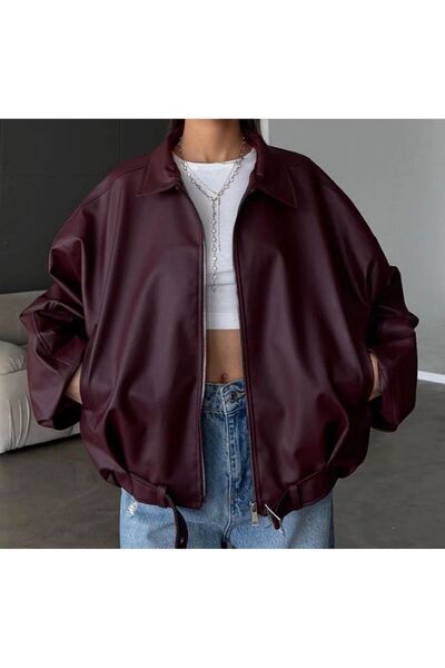 Karabulut Women's Oversize Leather Jacket – Oversize Zippered Belt Detailed C...