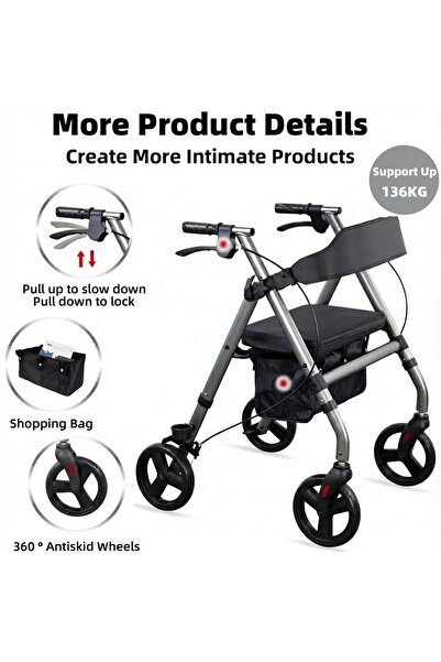 WOLLEX Rölatör Frenli, Katlanabilir, Koltuklu Yürüteç Tekerlekli Rollator Wal...