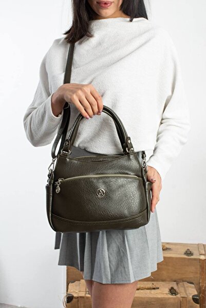 H&D COLLECTİON Khaki Green Soft Leather Very Versatile Medium Size Shoulder a...