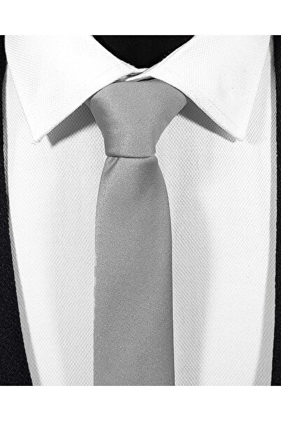 BLC Basic Line Co. Ekstra Ince Gümüş Gri Renk Düz Slim Fit 4 Cm Genişliğinde Kravat Mendil Seti Slim Fit Dar