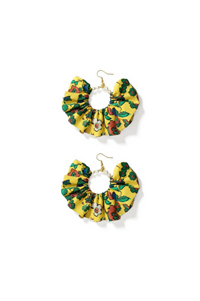 maia Women's Gold Color Hoop Dangle Earrings – Yellow Flower Pattern Fabric B...