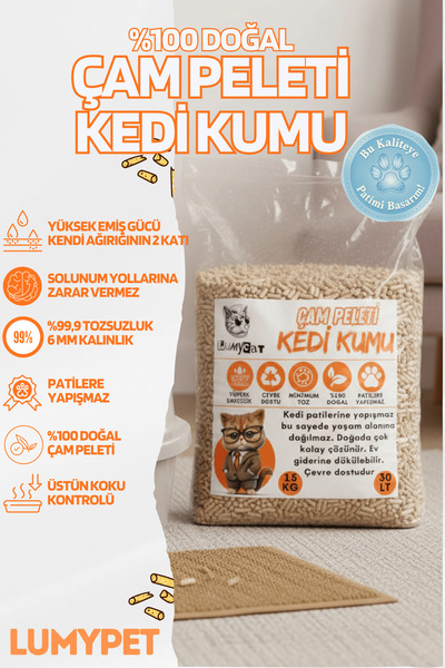 LUMYCAT %100 Doğal Çam Peleti Kedi Kumu 50lt (25 KG) Tozsuz Çuval Gönderi (SO...