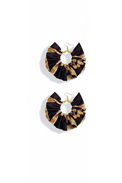maia Women's Gold Color Hoop Dangle Earrings – Black Chain Pattern Fabric Bea...