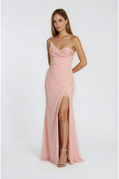 Spazio Vangelista Straplez Yaka Drapeli İşlemeli Yırtmaçlı Uzun Abiye Elbise ...