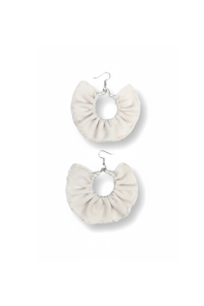 maia Women's Silver Color Hoop Dangle Earrings – Cream Denim Fabric Pearl Design