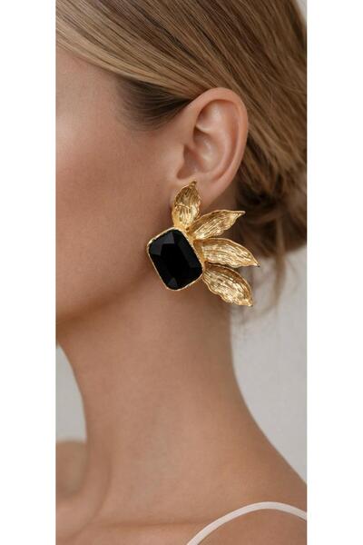ZS Aksesuar Steel Half Flower Black Stone Detailed Vip Earrings