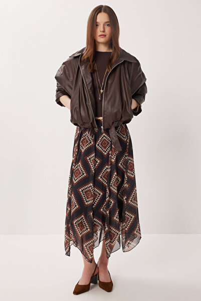 Lovelyİstanbul Desenli Pileli Asimetrik Şifon Midi Etek LMC0082 SİYAH