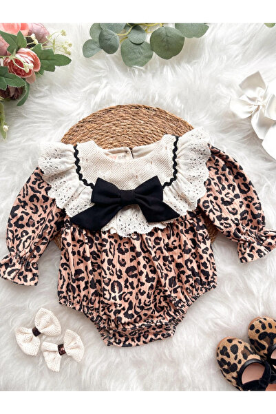 aysskids AMELIA Leopar Desenli Dantel Yaka Detaylı Fiyonklu Kız Bebek Çocuk R...