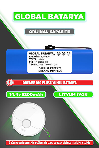GLOBAL BATARYA Dreame D10 Plus Robot Süpürge Bataryası 14.4V 5200mAh Li-ion P...