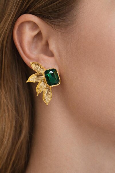ZS Aksesuar Steel Agricultural Flower Green Stone Detailed Vip Earrings