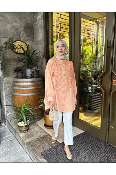 AuraWear Fırfır Detaylı Uzun Gömlek Tunik Salaş Kesim Günlük ve Şık