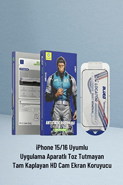 BLUEO B iPhone 15/16 Full Cover HD Glass Anti-Static Uygulama Aparatlı Cam Ek...