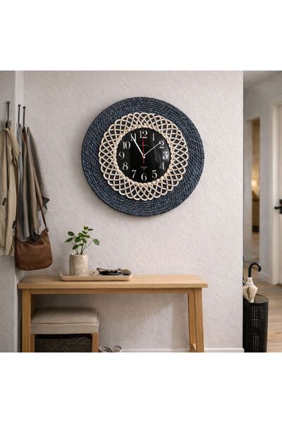 home inn Büyük Boy El Yapımı Hasır Görünümlü Halat Duvar Saati – Lacivert Bey...