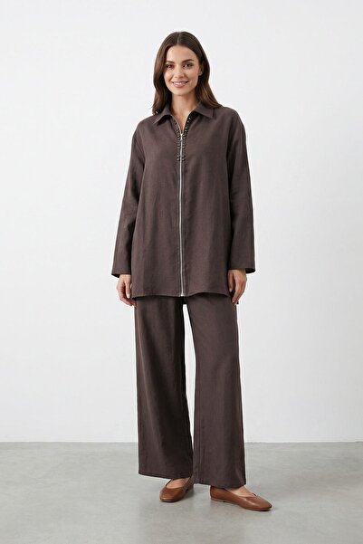 Puane طقم نسائي مكون من قميص بياقة وسروال بسحاب - 14446TKS - بني