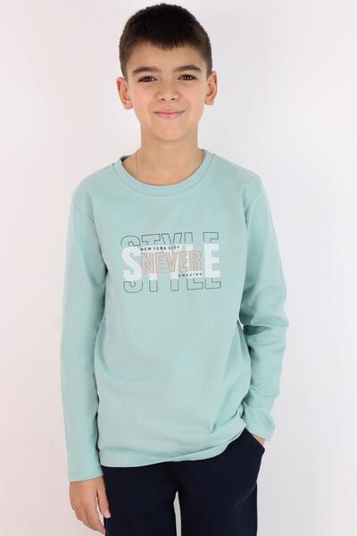 Breeze Tricou cu mânecă lungă pentru băiat cu text imprimat 6-12 ani, verde apă