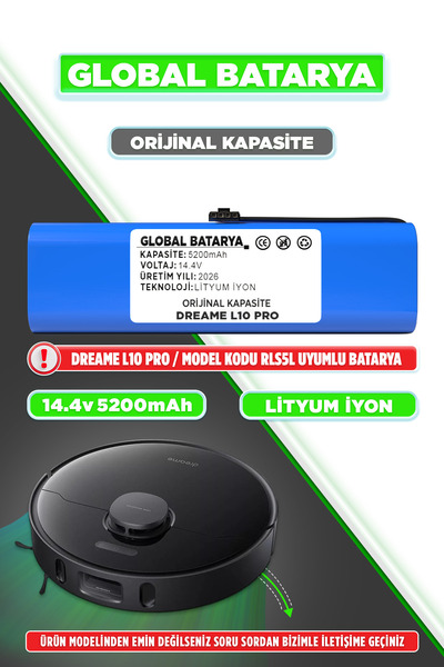 GLOBAL BATARYA Dreame L10 Pro Uyumlu Akıllı Robot Süpürge Bataryası 14.4v 520...