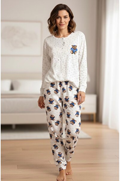 Pijamoni BERLİN RAPORLU AYICIK DESENLİ BİSİKLET YAKA PİJAMA TAKIMI