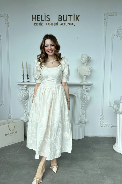 HELİS BUTİK Balon Kollu Brode Elbise Bej