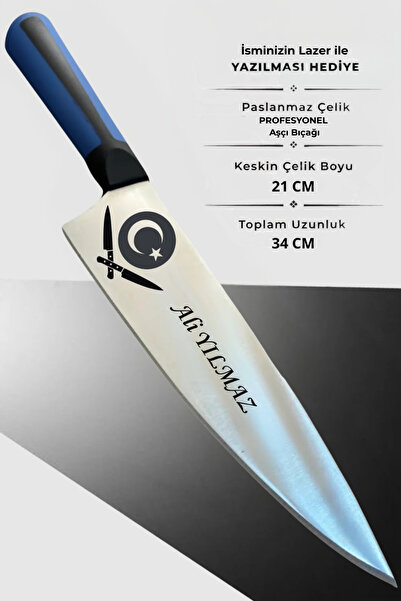 Üniformanya İsim Hediyeli Türk Bayrağı ve Bıçak Tasarımlı Şef Bıçağı Aşçı Bıç...