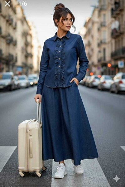 newmisal Women's Ruffled Front Shirt Skirt Denim Suit